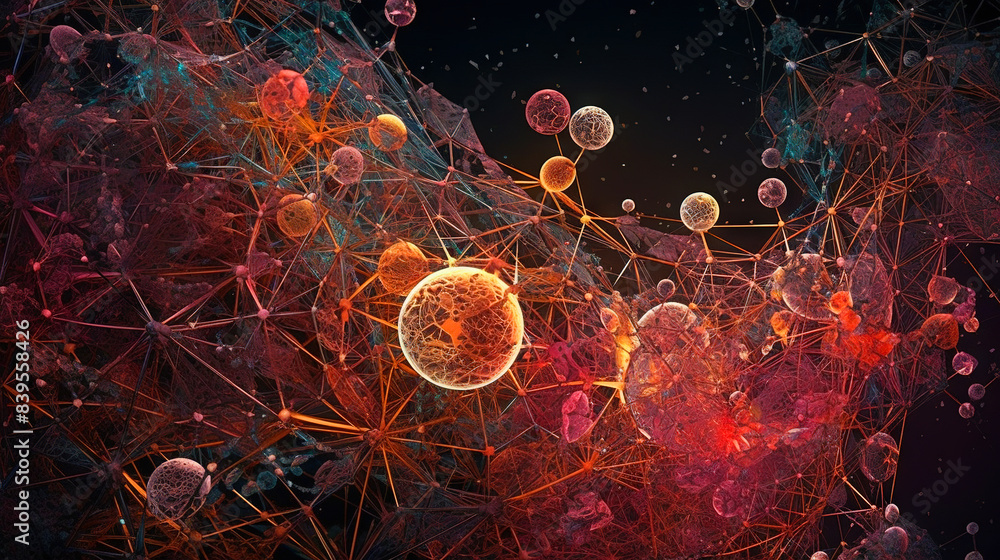 Poster Abstract scientific concept with connected cells and particles. Science microscopic background.