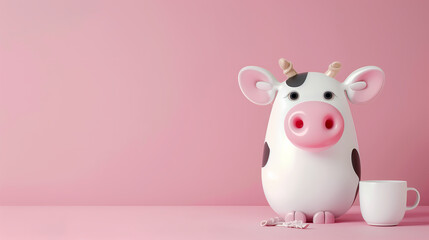 Fototapeta premium Splash of milk and cute cow with blank space background for advertising