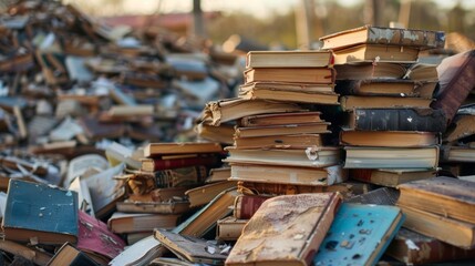Obraz premium Heartbreaking sight of abandoned books stacked in a landfill at sunset