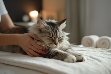 Cat groomer gently pets a fluffy cat at a pet spa, creating a soothing experience. The cat looks content and peaceful, enjoying professional care
