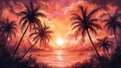 A tropical paradise. Bright colors depict a breathtaking sunset. Palm trees gently sway in the wind, and the reflection of the ocean shimmers in the distance.