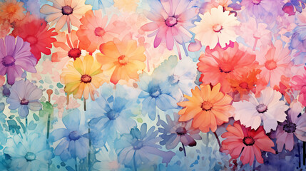 Watercolor flowers background, pink, orange, yellow, blue, and purple colors