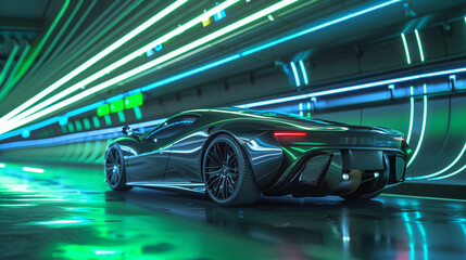 Gunmetal grey sports car in a tunnel with green and blue neon lighting, sleek capture in high resolution.