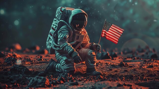 An astronaut planting an American flag on the moon, SciFi, Dark Background, Digital