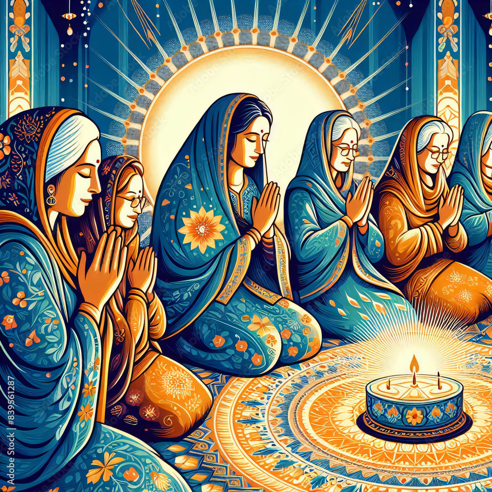 Wall mural A vector illustration of women engaging in spiritual worship and holy prayer.