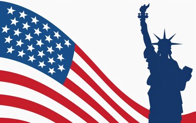 Naklejka premium American flag with stars and stripes in red, white and blue, an illustration of the torch from Lady Liberty holding up a statue head with a flame coming out Generative AI