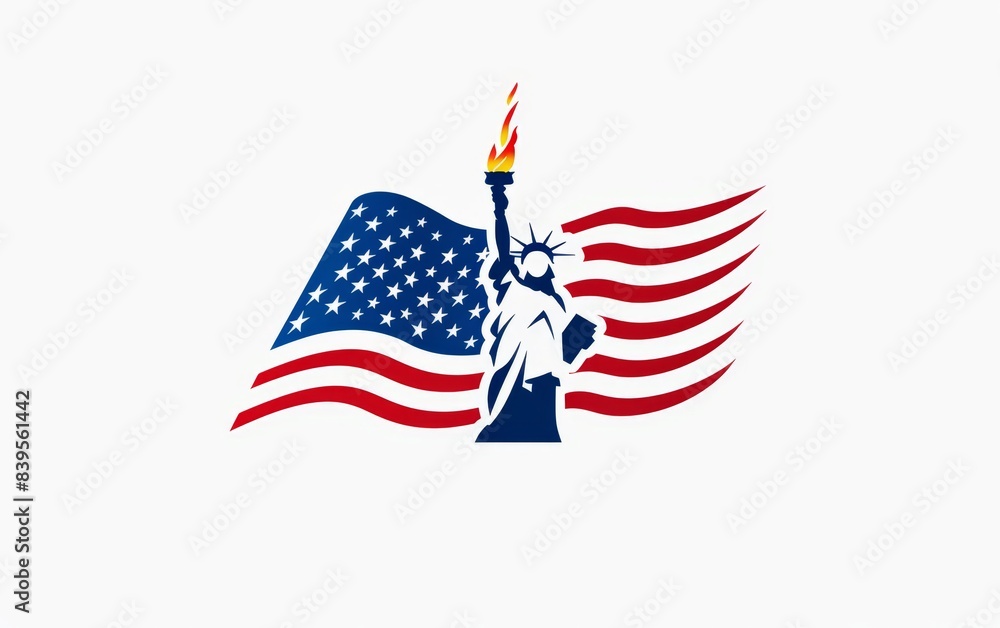 Poster american flag with torch and statue, white background generative ai