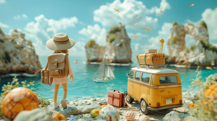 A young girl on a rocky beach looks out at the ocean next to a yellow van.
