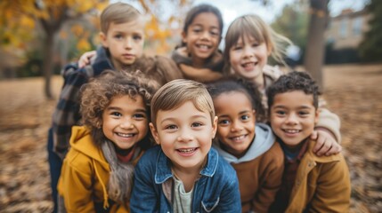 Fototapeta premium Group of diverse cheerful fun happy multiethnic children outdoors at the schoolyard