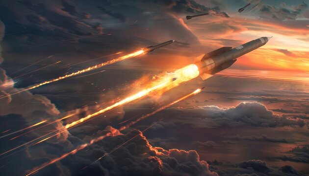 Intense image capturing hypersonic missiles and combat rocket in flight, depicting chaos of warfare