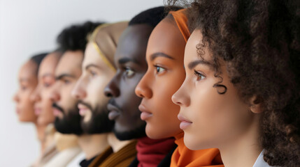 A group of people with different skin tones styles are standing in a line. people come from different backgrounds, cultures. a diverse group of individuals highlighting multicultural unity