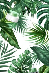 white background with tropical leaves and cosmetic products, copy space, beauty background