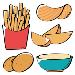 cute colorful potato icons set. fries, wedges, potato chips, mesh potato. simple funny doodle hand drawn flat simple vector illustrations