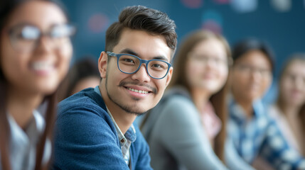 Fototapeta premium A group of people are sitting together, one of them is wearing glasses and smiling. Concept of camaraderie. Teacher with clear visible face staying in front of students smiling and watching in camera