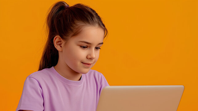 A young girl is sitting at a table with a laptop in front of her. She is smiling and she is enjoying her time on the computer. 12 yo girl in violet t-shirt coding on laptop, solid orange background