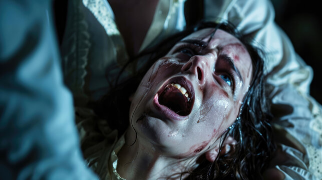 Portrait during the exorcism process. Scary emotional horror portrait