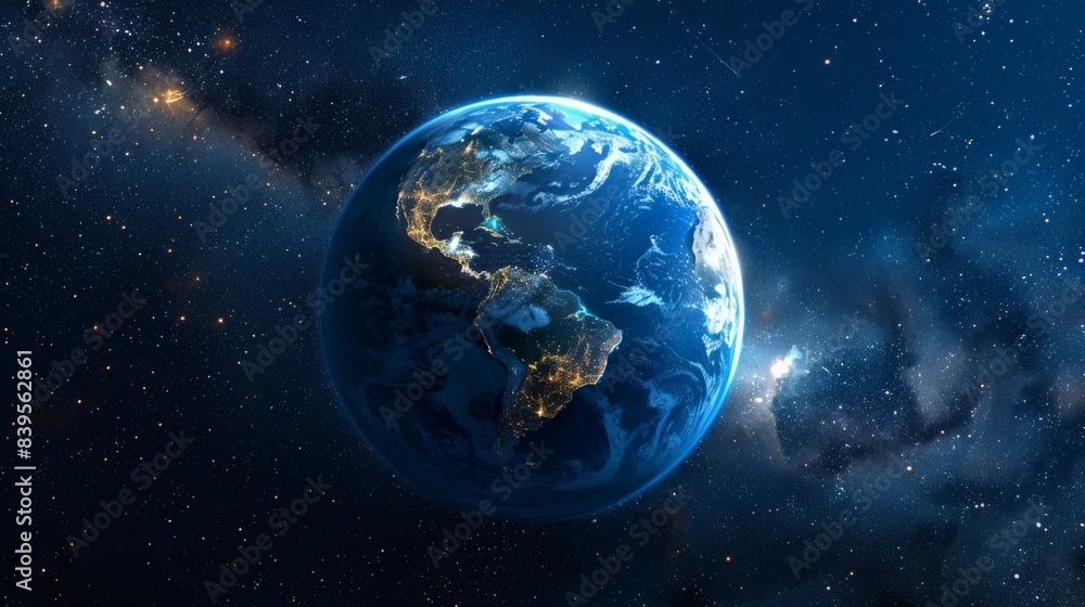 Poster dynamic image of earth with massive hurricanes and the milky way galaxy. weather phenomena and cosmi