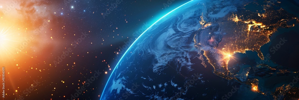 Poster illuminated view of earth from space with city lights and the milky way. urbanization and cosmic bea