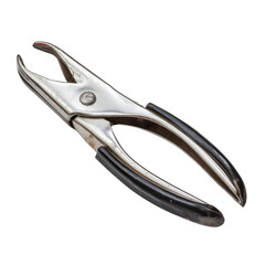 Obraz premium Close-up of a metal spring clamp with black handles, commonly used in woodworking, crafts, and various DIY projects for holding materials together. PNG transparent