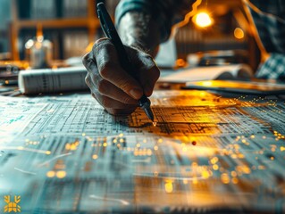 Close-up of Translator Converting Technical Documents with Double Exposure Silhouette and Schematics, Copy Space for Text.