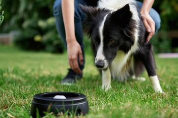 Woman kneeling on grass, encouraging her border collie to eat or drink from a slow feeder dog bowl outdoors on a sunny day. Love, companionship, and trust are evident in this bond