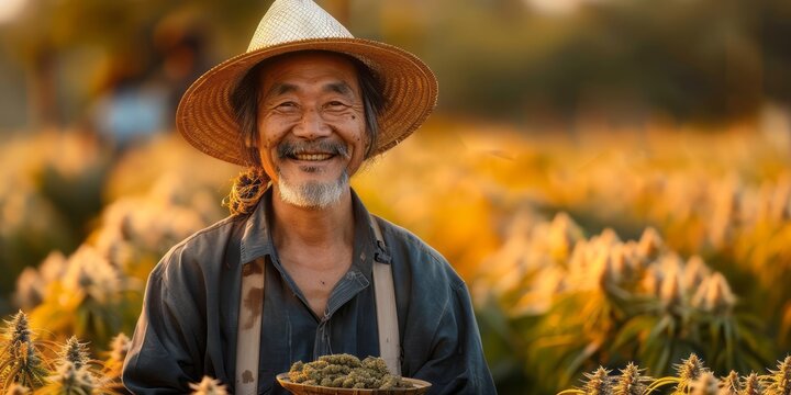 Portrait of an elderly Asian man in a straw hat holding a bowl full marijuana and poppy in a Indian hemp in a field.