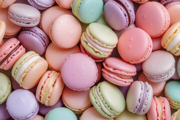 Obraz premium A lavish assortment of macarons in different flavors and colors, tightly arranged to fill the entire frame. The macarons display a palette of pastel and bright colors
