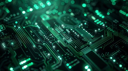 Obraz premium Digital lock shield minimalist green light futuristic circuit board selective focus dynamic manipulation hightech background