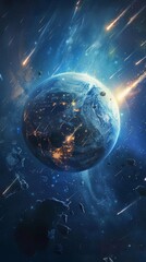Obraz premium Planet Earth with meteor showers and asteroids approaching from space. Celestial events and cosmic impact