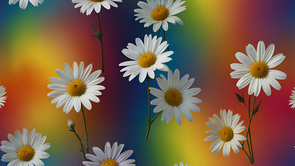 Whimsical daisies bloom against a rainbow gradient backdrop, creating a vibrant and enchanting scene filled with joy and color