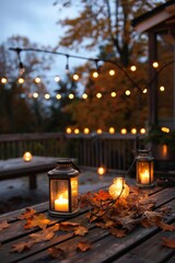 Ultra-sharp photo a cozy outdoor terrace illuminated by string lights, creating a magical ambiance