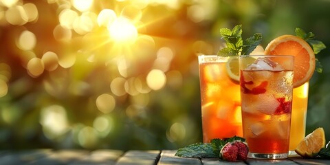 Background of refreshing summer cocktails with alcoholic beverages on a sunny day. Concept Summer Cocktails, Alcoholic Beverages, Sunny Day, Refreshing Drinks, Vibrant Background