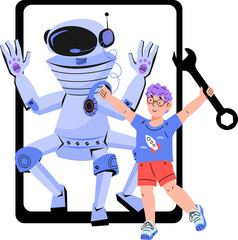 Kids robotic and engineering education, programming and coding lessons emblem. Child programming robot.