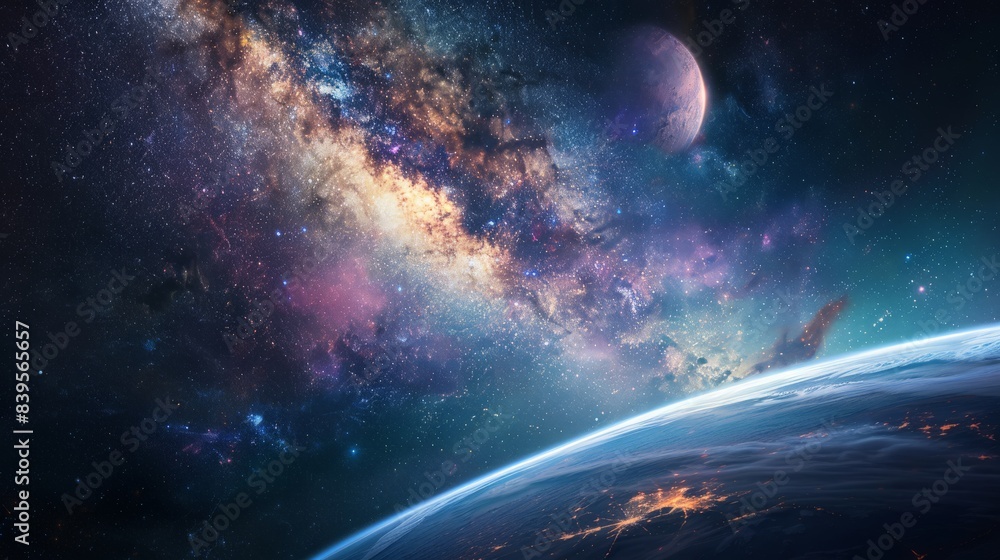 Poster spectacular view of the milky way with planet earth in the foreground. ideal for showcasing the vast