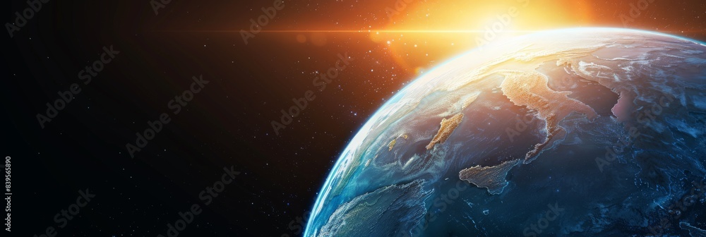 Poster planet earth illuminated by a stunning sunrise in space. the horizon glows with the first light of d