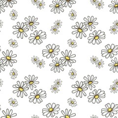 Gentle Seamless floral pattern of contour daisy flowers yellow center drawn by hand isolated on a white background. Repeating pattern