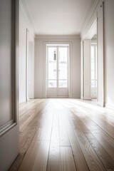 Fototapeta premium Ultra-sharp photo showcasing an empty flat with sleek wooden beech flooring and expansive windows