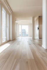 Ultra-sharp photo showcasing an empty flat with sleek wooden beech flooring and expansive windows