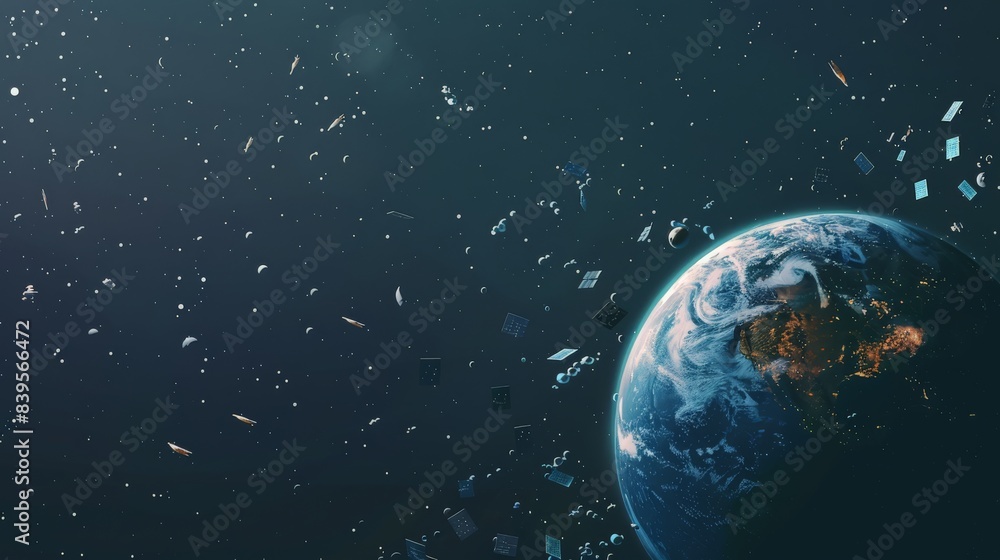 Poster planet earth amidst space junk and satellite debris in orbit. highlighting the issue of space pollut