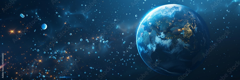 Poster planet earth floating through space with a trail of bright stars and celestial bodies. emphasizing t