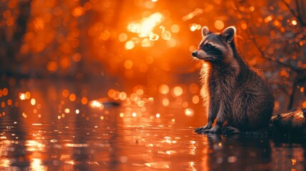 Playful Raccoon Close-up by River: Double Exposure Silhouette with Vivid Tones and Copy Space for Text.
