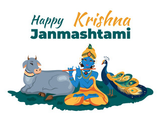 Fototapeta premium Happy Krishna Janmashtami. Krishna, cow and peacock
