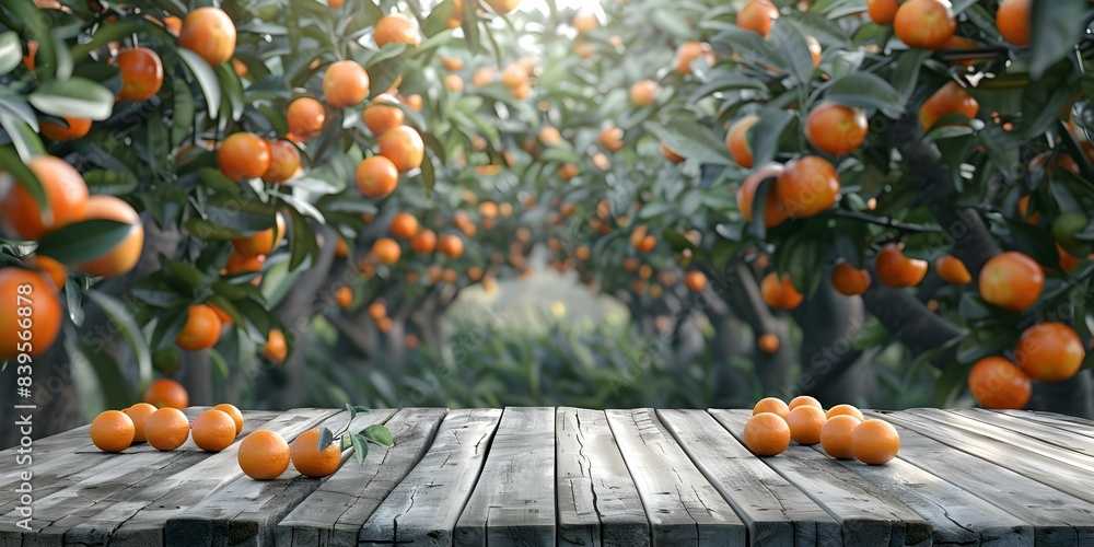 Aufkleber wooden table with empty space against orange trees for product display. concept product display, out