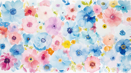 A watercolor painting of a field of flowers in shades of pink, blue and yellow