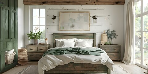 Boho farmhouse bedroom mockup with white and green decor and wood furniture. Concept Bedroom Decor, Boho Style, Farmhouse Theme, White & Green, Wood Furniture