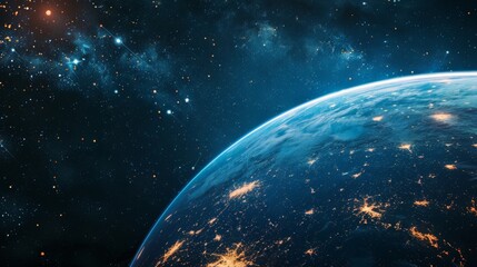 Obraz premium Breathtaking view of Earth from space with city lights glowing brightly. Emphasizing the connectivity and urbanization of our planet