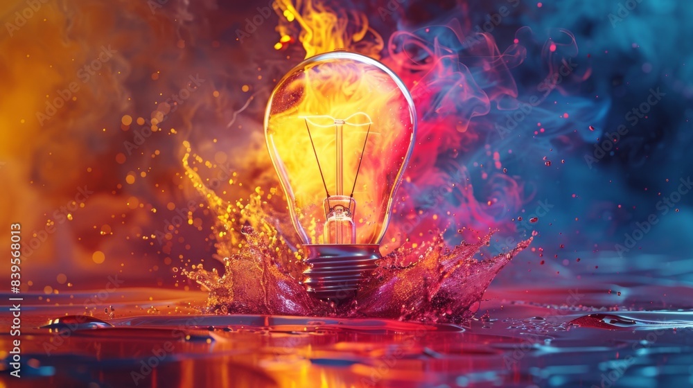 Poster artistic depiction of an illuminated light bulb exploding in vibrant colors, symbolizing creative id