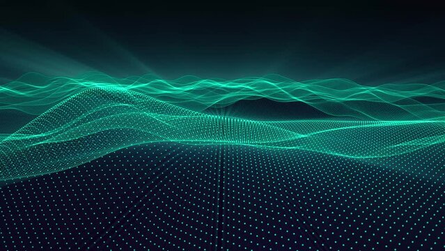 Flying through cyberspace with abstract wave field on a dark background with shine effect. Digital animation for computer science, internet connections, data programming and neural network. 4k 60 fps