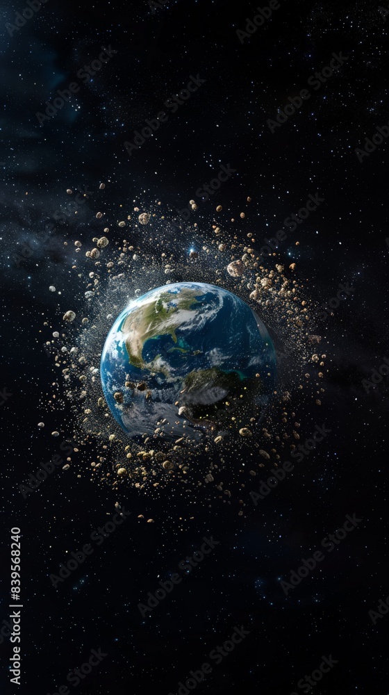 Poster Dramatic depiction of Earth surrounded by asteroids in outer space. Illustrating the dynamic and potentially hazardous environment of our planet. Perfect for space hazard awareness and sci-fi themes