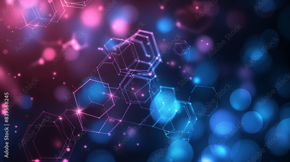Poster abstract digital art featuring glowing hexagons connected by lines, creating a sense of motion and c
